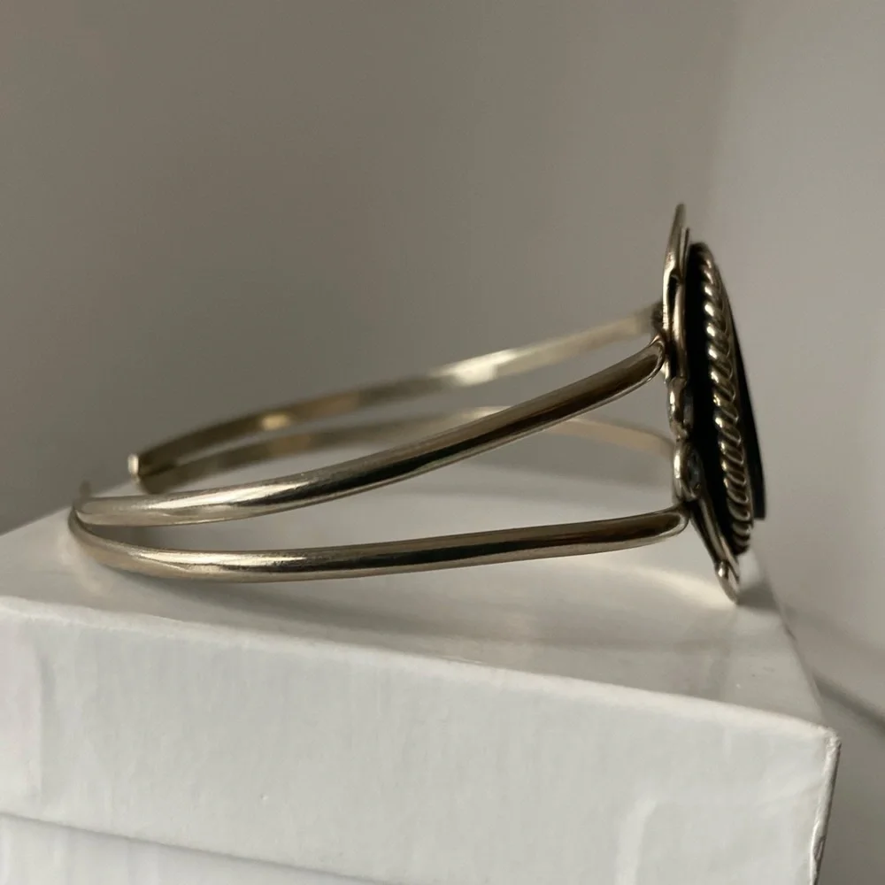 Silver Cuff Bracelet with Black Stone - Native, Unique - Picture 8 of 11
